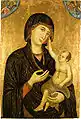 Madonna and Child by Duccio, 1284 A.D. This painting is tempera, an egg-based paint, and gold on wood. Tempera paintings are very long lasting, and examples from the first centuries AD still exist.